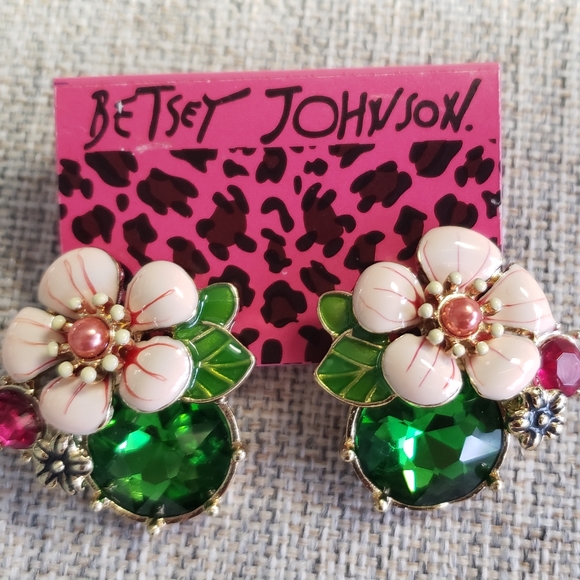 Statement Earrings, 1 pair Crystal Hoops, 1 pair Betsey Johnson Floral Studs. - Picture 3 of 6